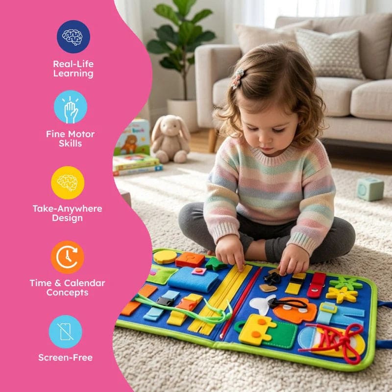 Toddler Busy Book – 8-Page Montessori Sensory Activity Book | 15 Life Skills Learning Toy