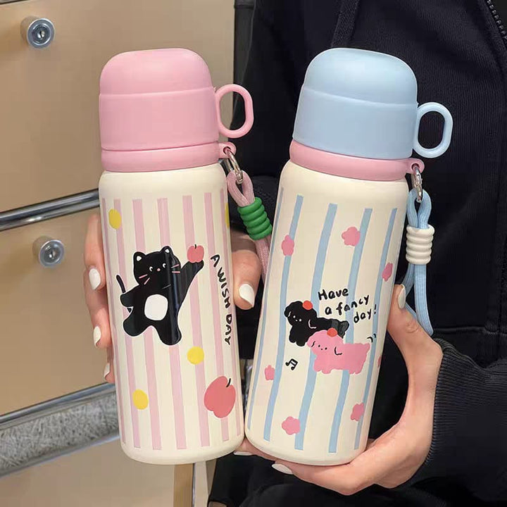 Rabbit-Themed 550ml 316 Steel Water Bottle with Cup Elegant & Eco-Friendly