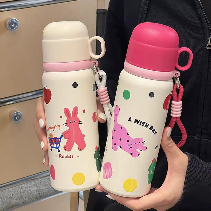 Rabbit-Themed 550ml 316 Steel Water Bottle with Cup Elegant & Eco-Friendly