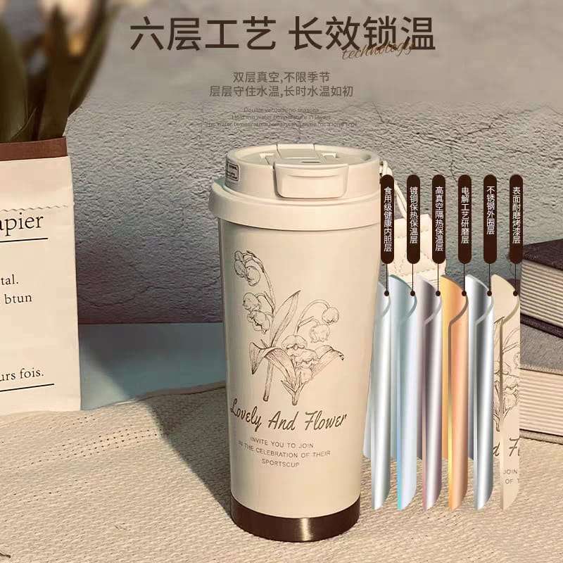 Lovely & Flower Ceramic Coffee Cup – 316 Steel Liner & Dual Lid