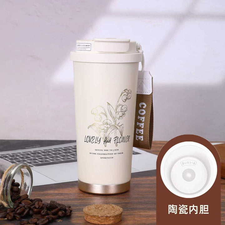 Lovely & Flower Ceramic Coffee Cup – 316 Steel Liner & Dual Lid