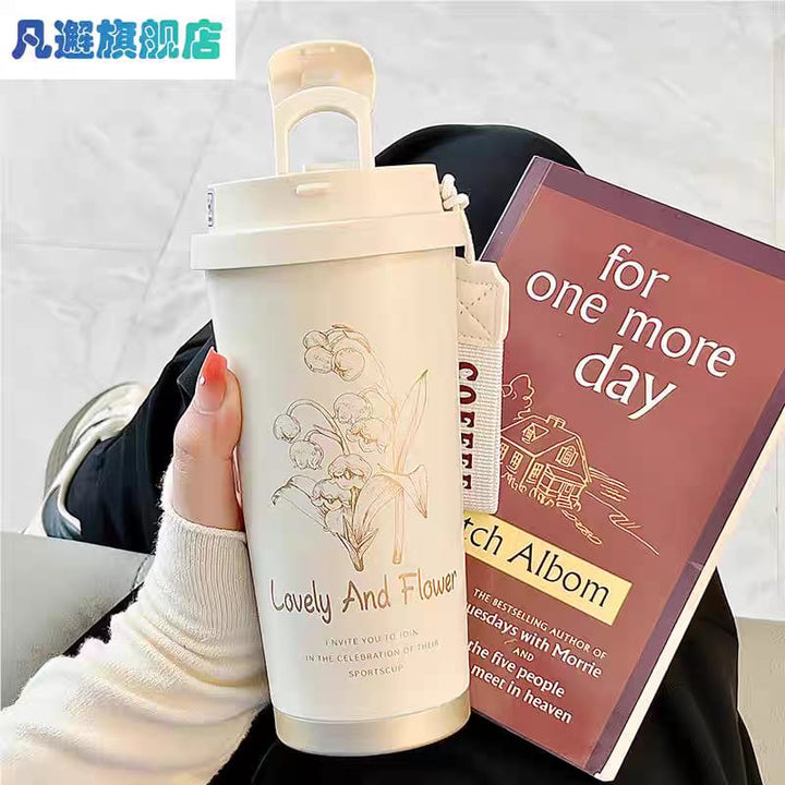 Lovely & Flower Ceramic Coffee Cup – 316 Steel Liner & Dual Lid