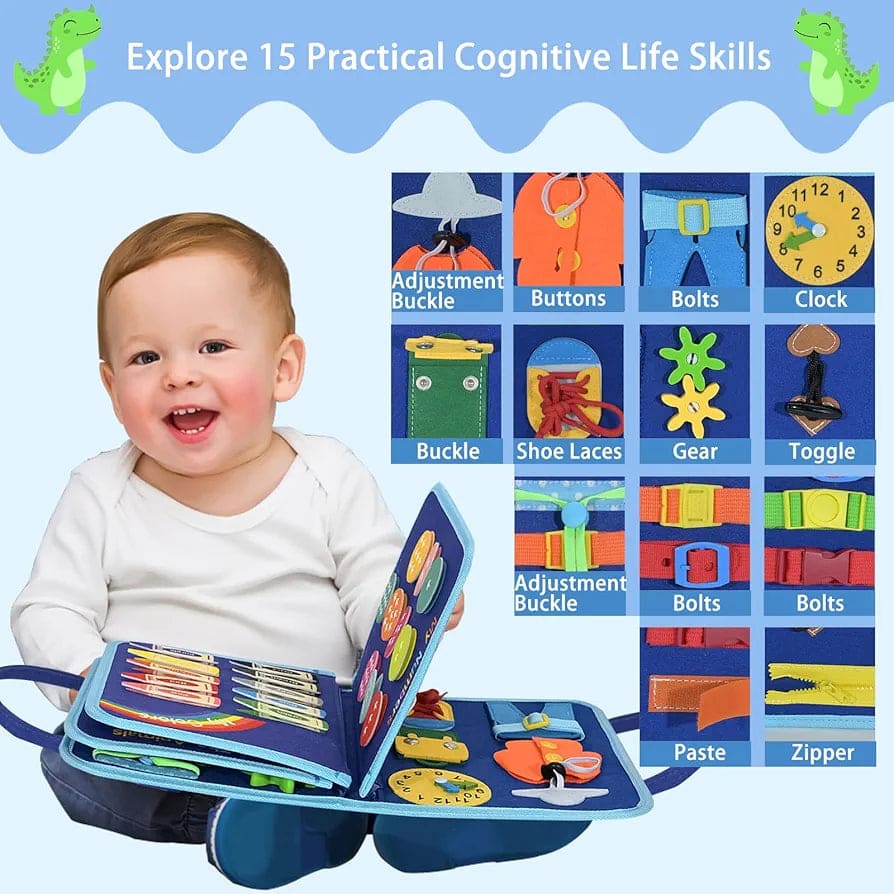 Toddler Busy Book – 8-Page Montessori Sensory Activity Book | 15 Life Skills Learning Toy